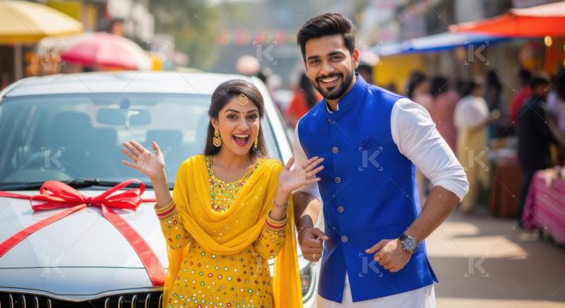Young indian couple pursing new car on diwali festival