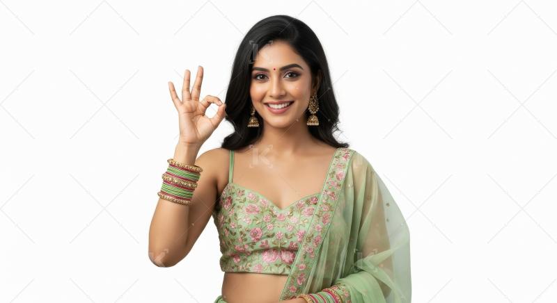 Young indian woman showing beautiful gesture with hand standing