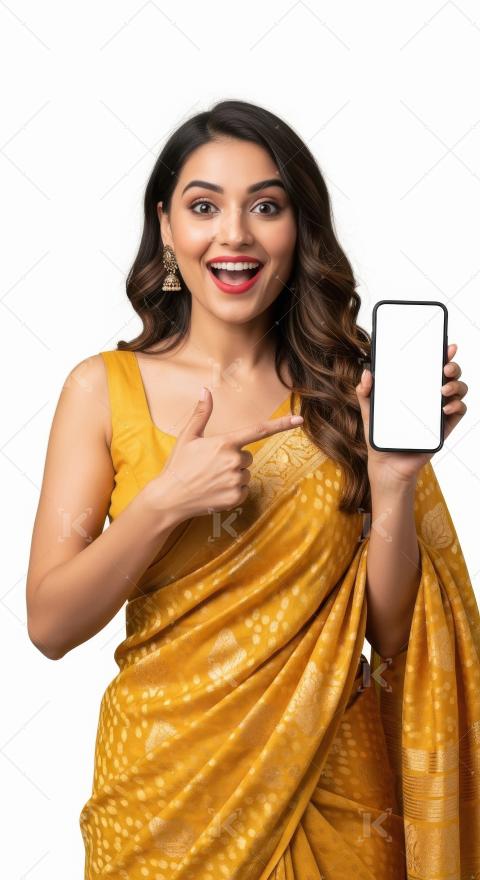Young indian woman pointing with finger on blank mobile screen