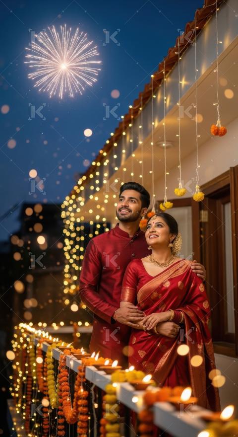 Happy young indian couple celebrating diwali festival together a