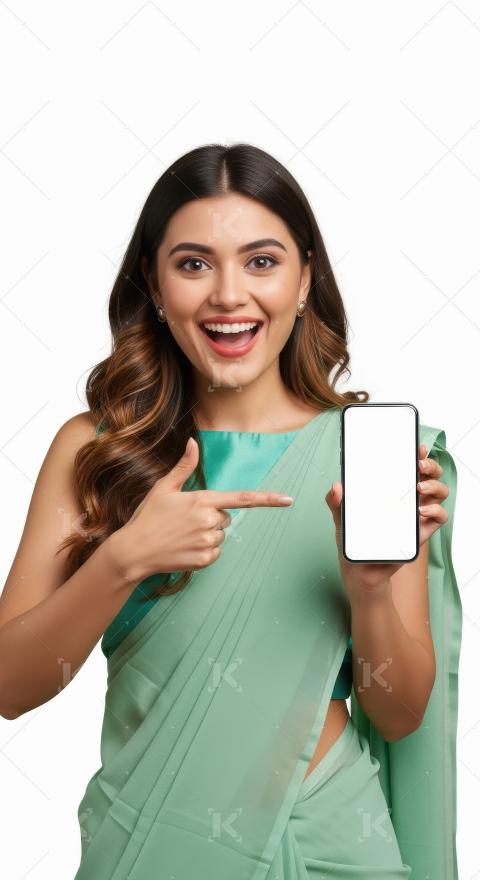 Young indian woman pointing with finger on blank mobile screen