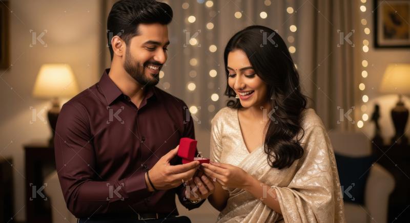 Young indian man giving finger ring to wife on diwali festival