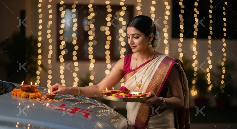 Young indian woman doing pooja of new car on diwali festival