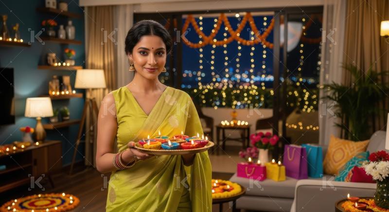 Young indian woman holding oil lamps plate on diwali festival
