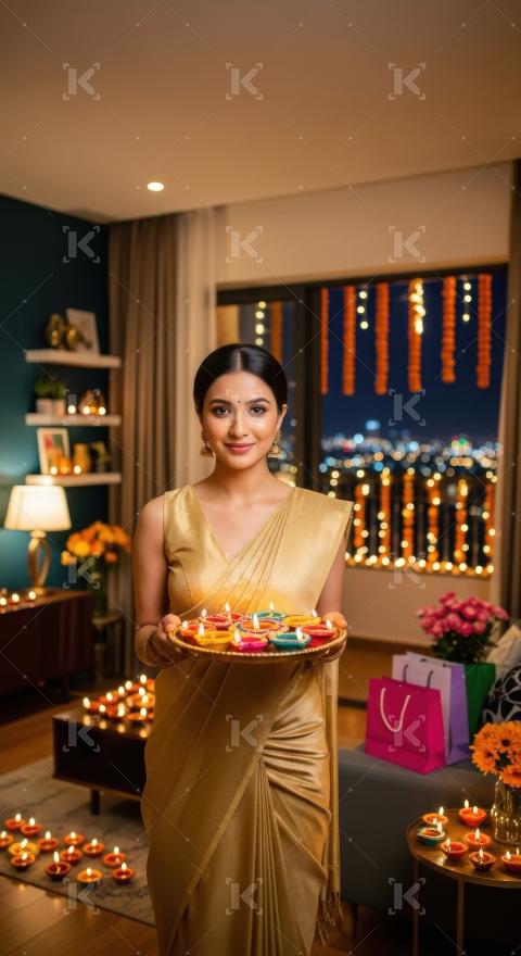 Young indian woman holding oil lamps plate on diwali festival