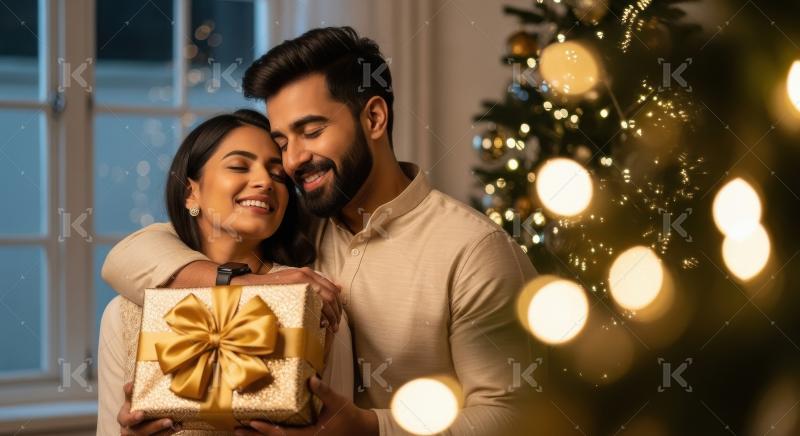 Young indian couple holding gift box on diwali festival