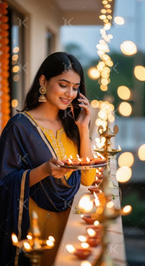 Young indian woman holding oil lamps plate and talking on smartp