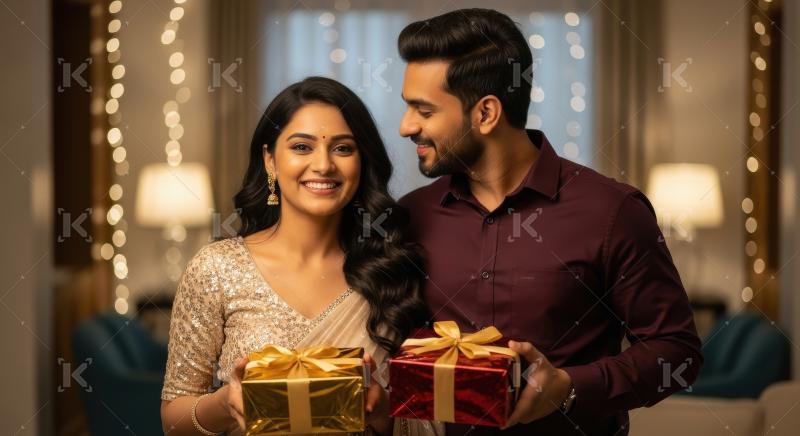 Young indian couple holding gift box on diwali festival
