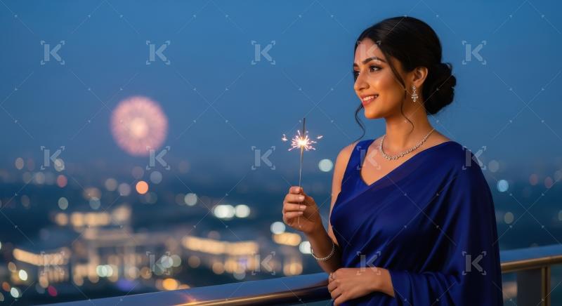 Young indian woman holding sparkler on diwali festival