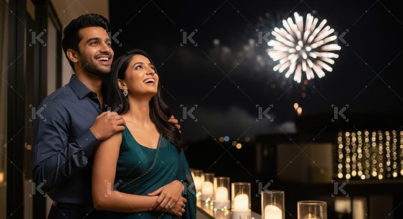 Young indian couple celebrating diwali festival together standin