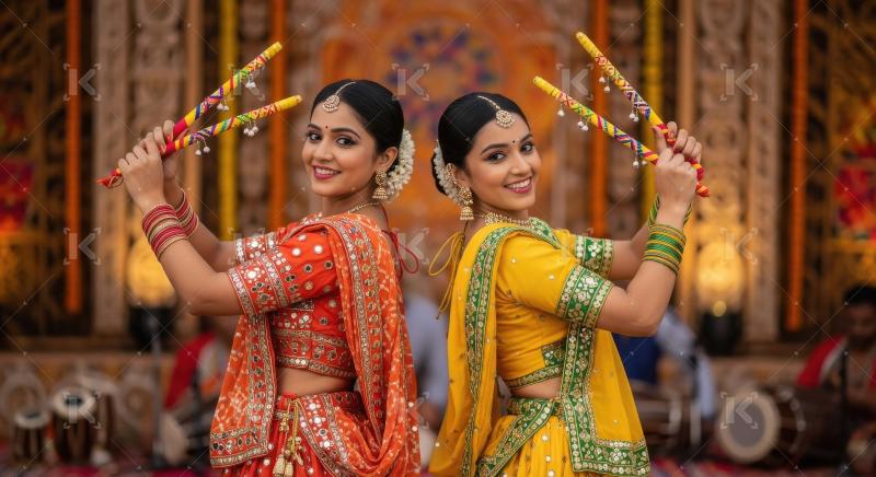 Young indian female playing dandiya together
