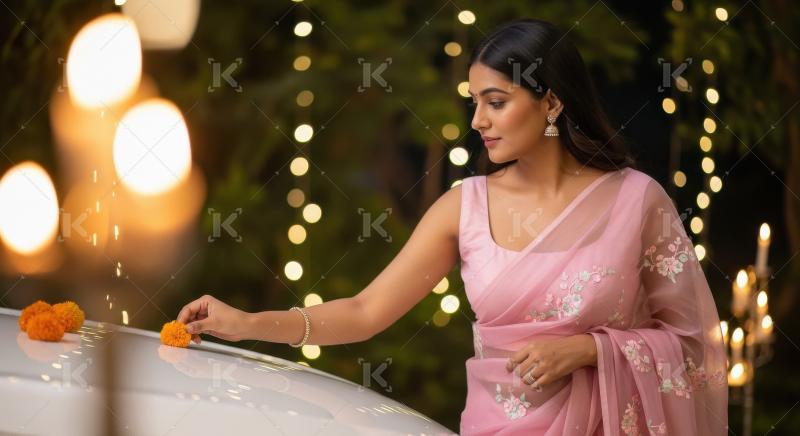 Young indian woman doing pooja of new car on diwali festival