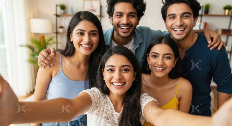 Young indian friends taking selfie together at home