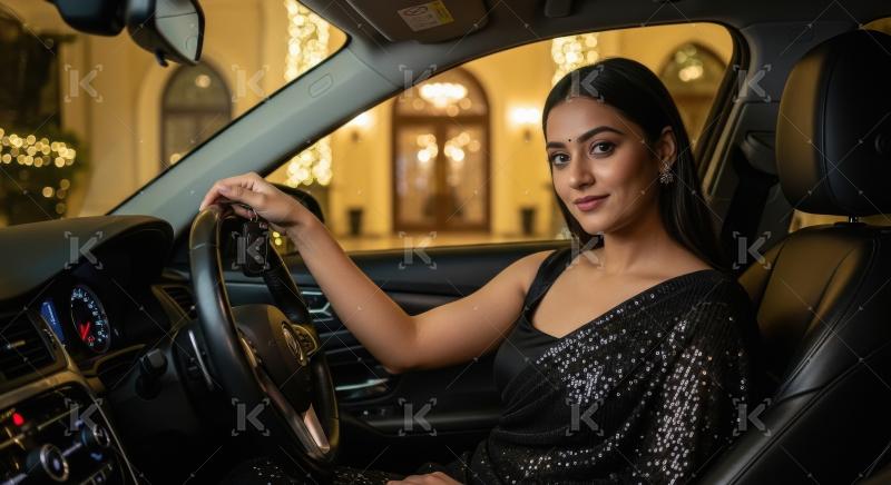 Young indian woman holding new car key on diwali festival