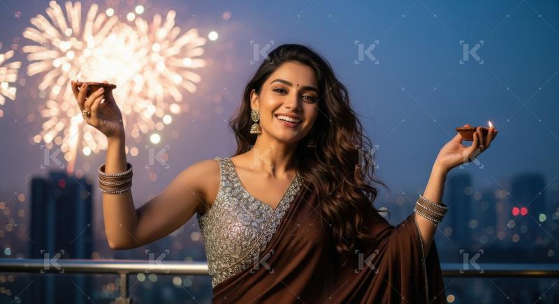 Young indian woman holding diyas celebrating diwali festival at