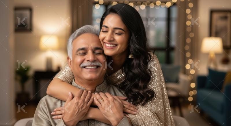 Young indian daughter hugging to her father on diwali festival