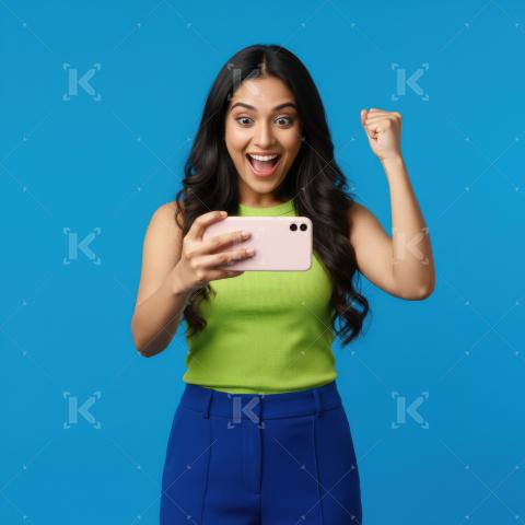 Young indian woman in a green crop top and blue pants looks exci