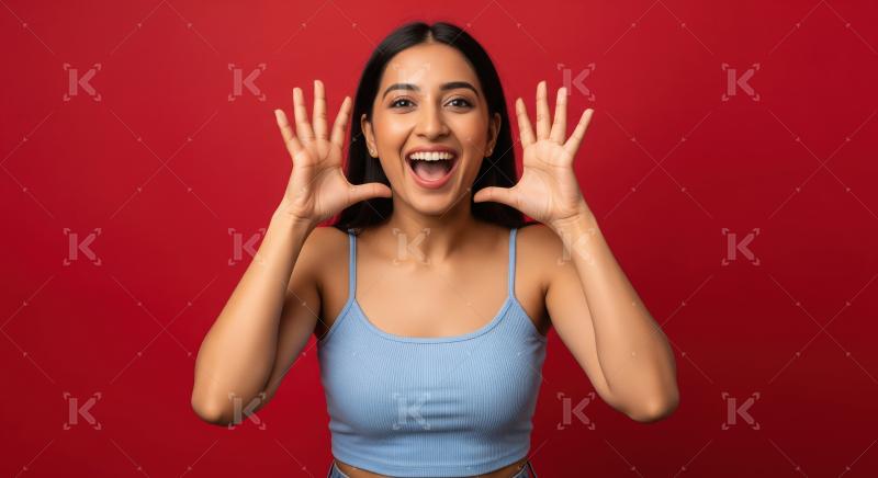 Young indian woman stands in a sleeveless top striking an expres