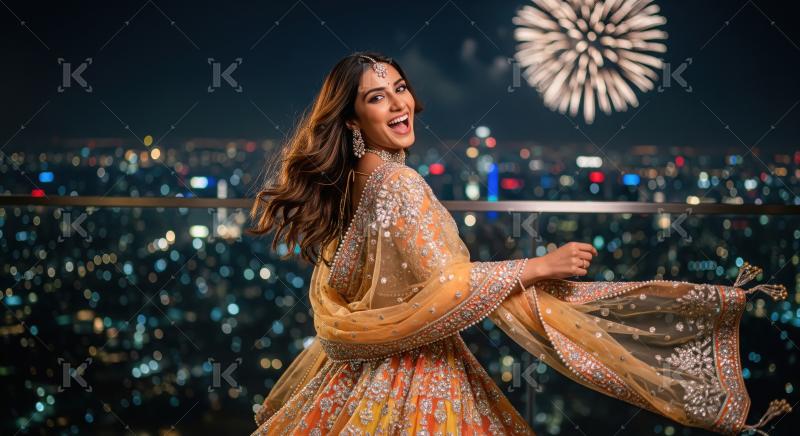 Indian woman in elegant ethnic outfit enjoys a cityscape at nigh