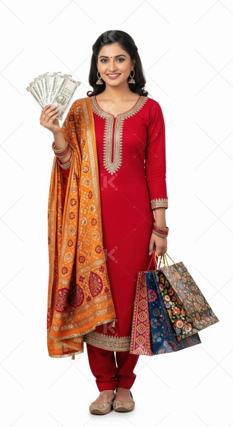 Young indian woman wearing red ethnic outfit stands holding mone