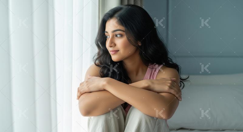 Young indian in a pink top sits with arms wrapped around her kne