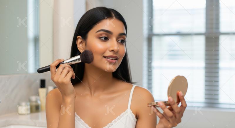 Young indian female is applying makeup with a brush and holding