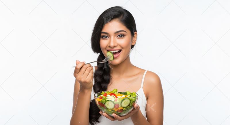 Young indian woman enjoys a fresh and colorful salad in a glass