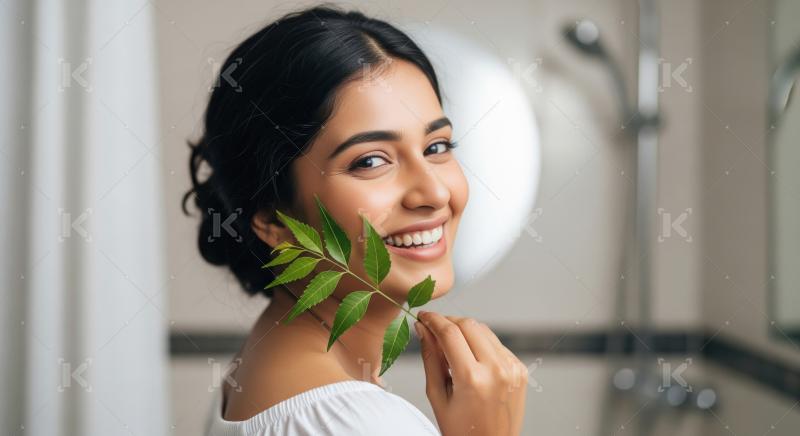 Young indian woman in elegant holds a green leaf near her face