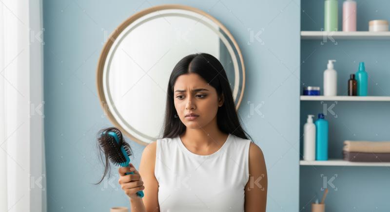Young indian sad woman holds a hairbrush filled with fallen hair