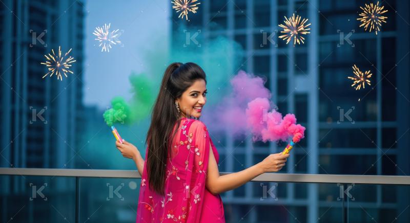 Young indian woman in a pink ethnic saree stands on a city with