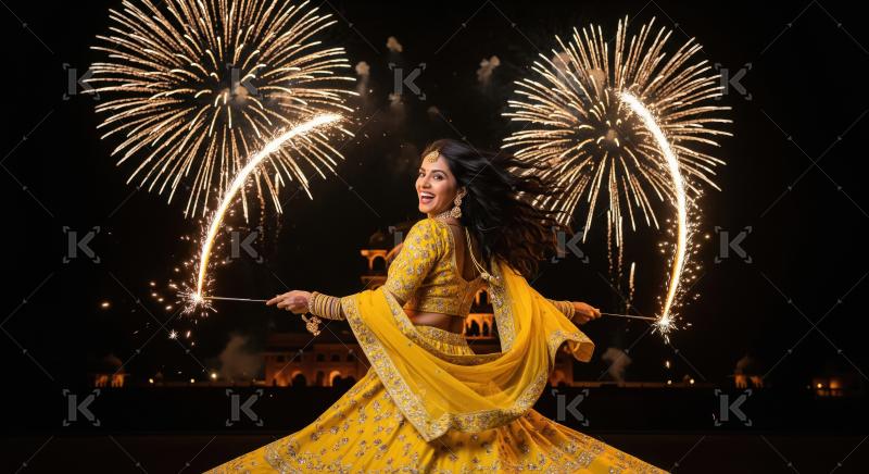 Indian woman in a yellow traditional outfit joyfully celebrates