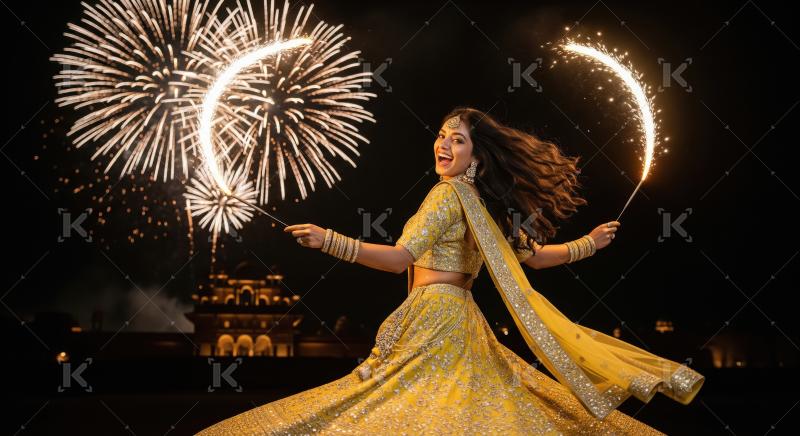 Indian woman in a yellow traditional outfit joyfully celebrates