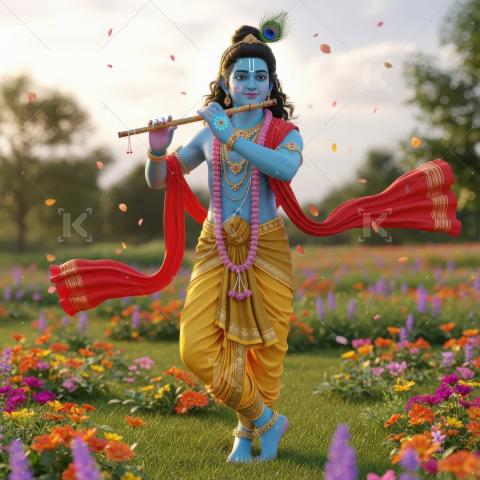 Lord Krishna is depicted gracefully playing the flute in a vibra