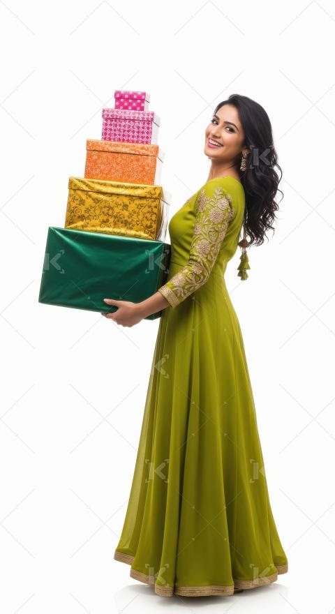 Young indian woman in beautiful traditional dress standing and h