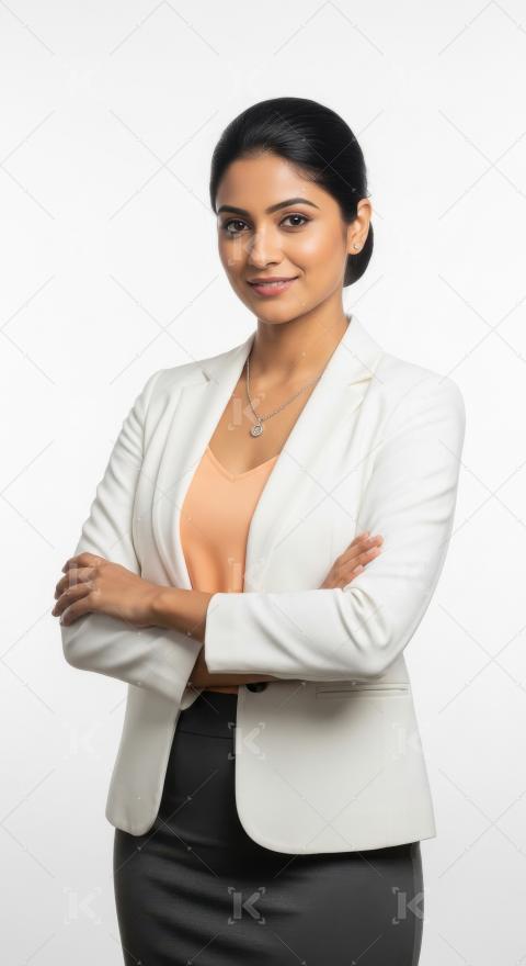 Professional indian woman stands confidently in business attire