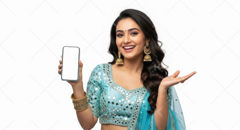 Young indian woman wearing traditional sari and showing phone sc