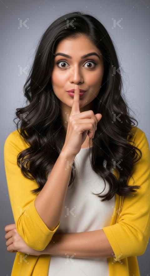 Young indian woman in sweater and white shirt stands with her ar
