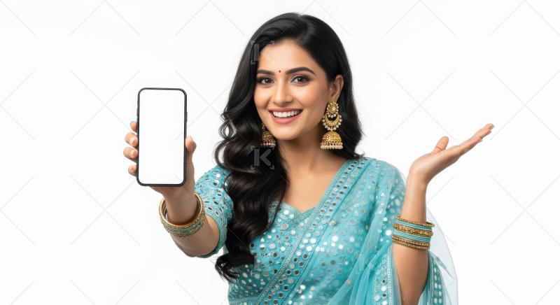 Young indian woman wearing traditional sari and showing phone sc