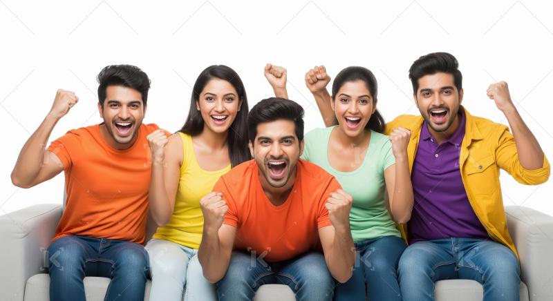 Indian friends group sits close together raising hands and cheer