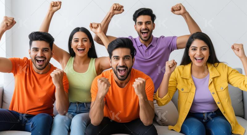 Indian friends group sits close together raising hands and cheer