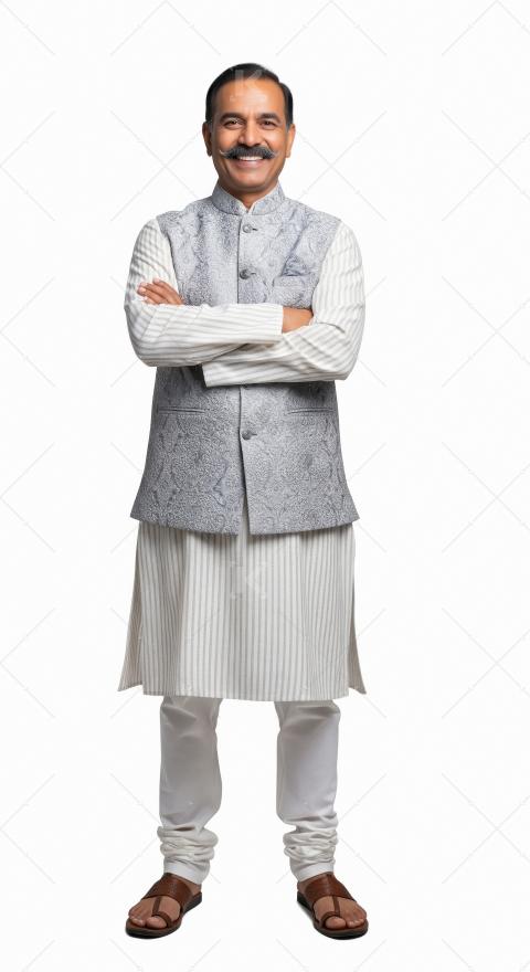 Indian man is wearing a traditional kurta with a patterned vest