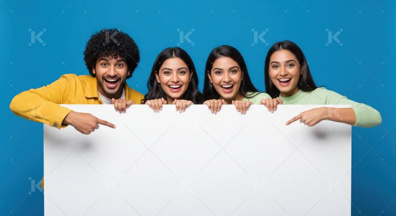 Group of young indian people pose together against a bright blue