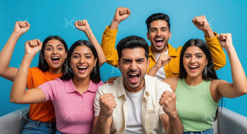 Indian friends group sits close together raising hands and cheer