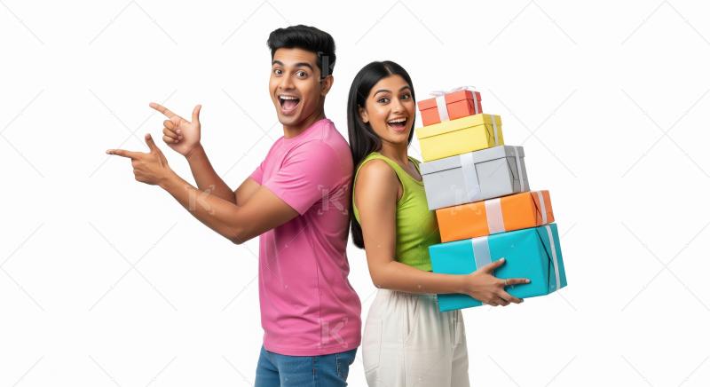 Young indian male and female standing side by side female holdin