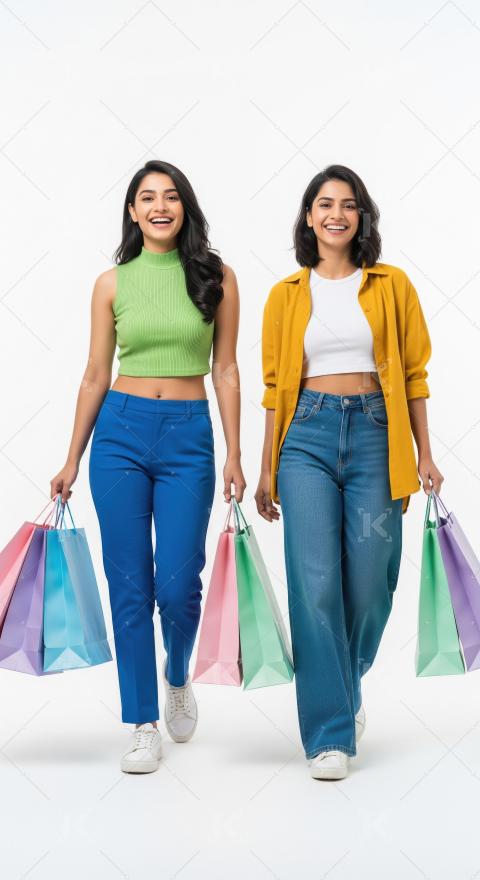 Indian women are walking together while holding several colorful