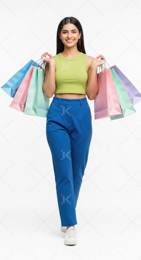 Young indian woman walking with shopping bags on white backgroun