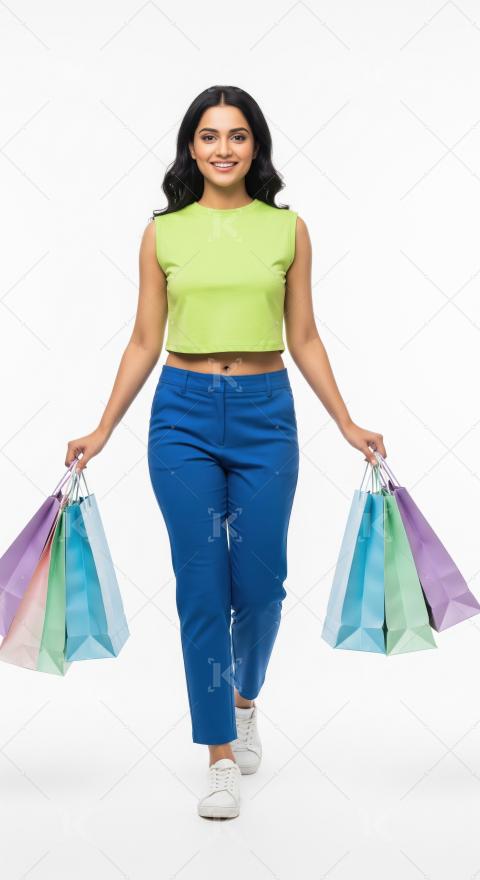 Young indian woman walking with shopping bags on white backgroun