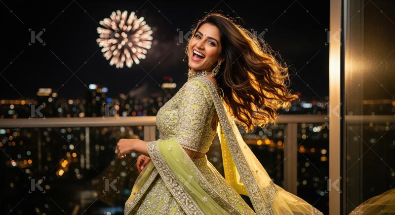 Indian woman in elegant ethnic outfit enjoys a cityscape at nigh