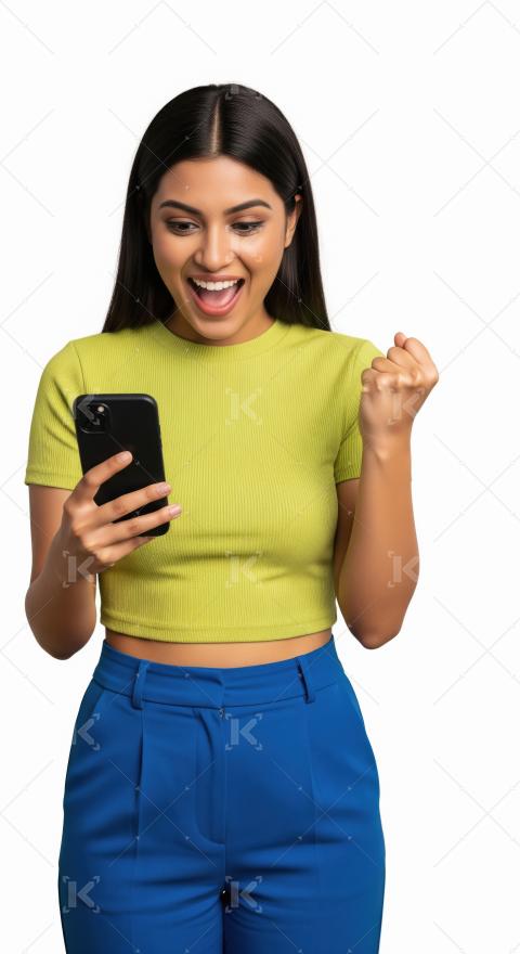 Young indian woman in a green crop top and blue pants looks exci