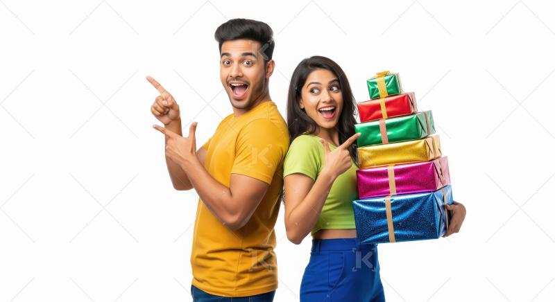 Indian couple stands back-to-back while holding and pointing at